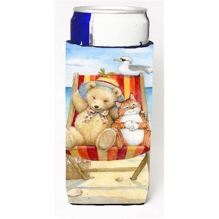 Carolines Treasures CDCO0336MUK Summer Teddy Bear & Cat On Beach Michelob Ultra Can Coolers For Slim Cans